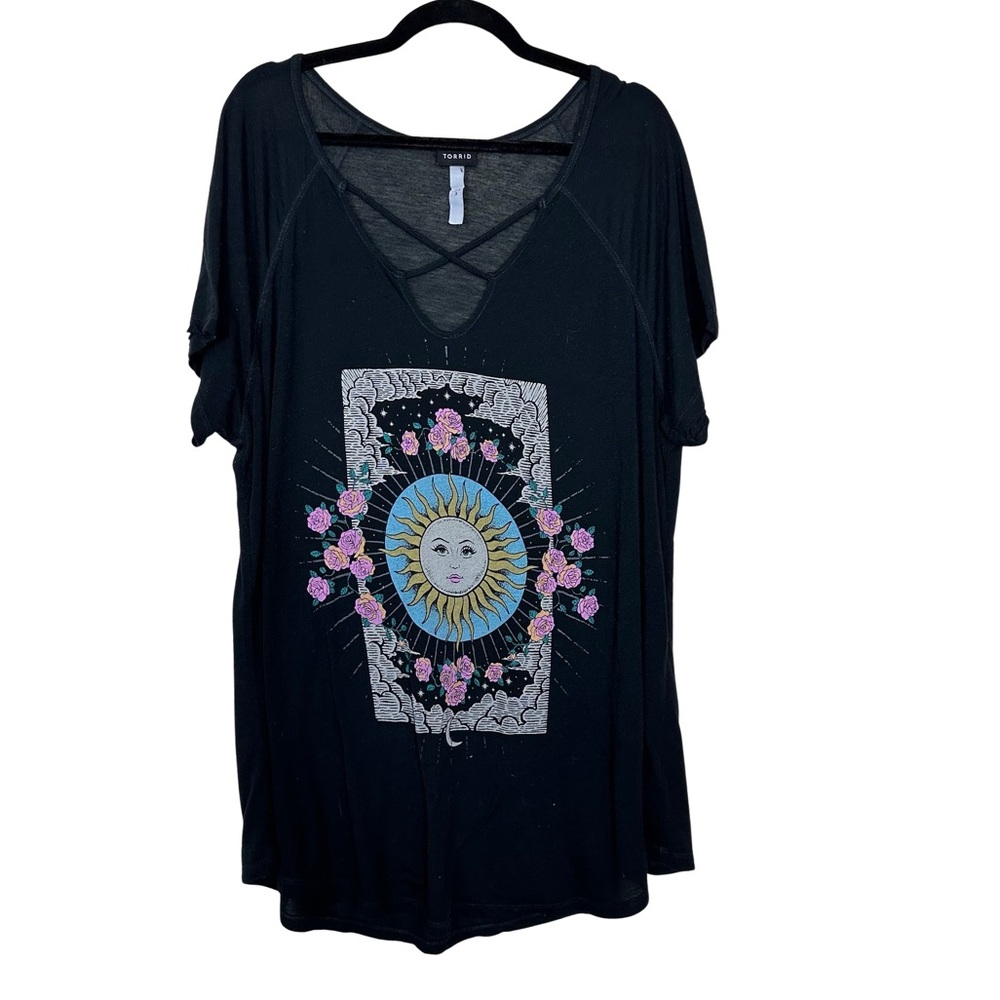 Torrid Black Burnout Sunshine Floral Boho Graphic Semi Sheer Strappy TShirt Top